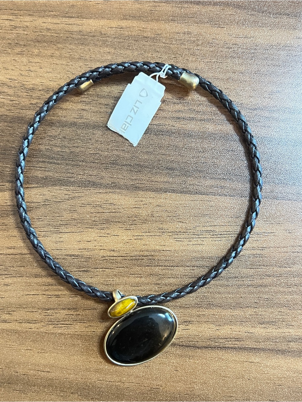 Liz Claiborne Black and Amber Oval Pendant Braided Necklace